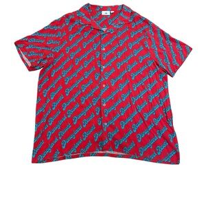 Disney Red and Blue Script Print Short-Sleeve Button Shirt